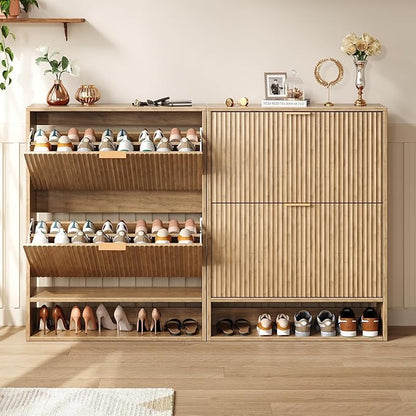 31.5''W Oak Shoe Storage Cabinet for Entryway with 2 Flip Drawers, Narrow Wood Fluted Shoe Rack Cabinet,Freestanding Slim Shoe Organizer Cabinet for Foyer, Hallway