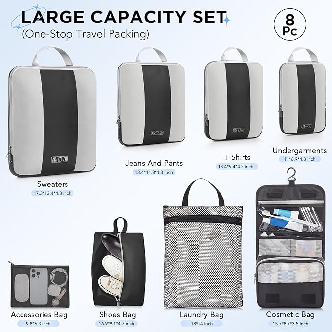 8 Set Compression Packing Cubes for Travel Essentials,Compressible Expandable Packing Cubes for Suitcase,OlarHike Luggage Organizer Bags for Travel,Handy Helper for Organizing Clothes(Black)