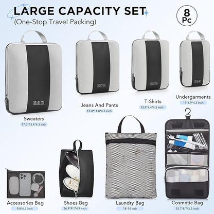 8 Set Compression Packing Cubes for Travel Essentials,Compressible Expandable Packing Cubes for Suitcase,OlarHike Luggage Organizer Bags for Travel,Handy Helper for Organizing Clothes(Black)