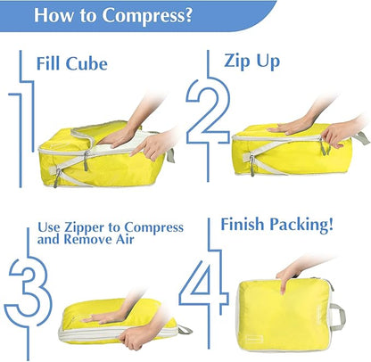 8 Set Expandable Compression Packing Cubes for Suitcases Travel Essentials Carry On Waterproof Storage Bag With Dry And Wet Separation Yellow