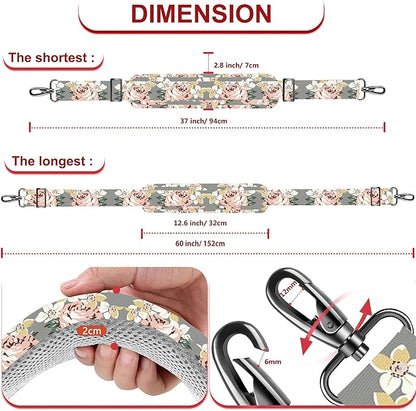 ZINZ 60" Universal Bag Strap with Ultra-Thick Fixed Breathable Pad Adjustable Heavy-Duty Shoulder Strap for Laptop Bag Crossbody Luggage Gym Bag Camera Bag and More,Gray Flower