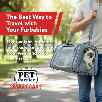 dbest Products Pet Smart Cart Sport, Soft Sided Collapsible Cat Carrier Airline Approved with Mesh Panels and Easy Side/Top Loading, Grey