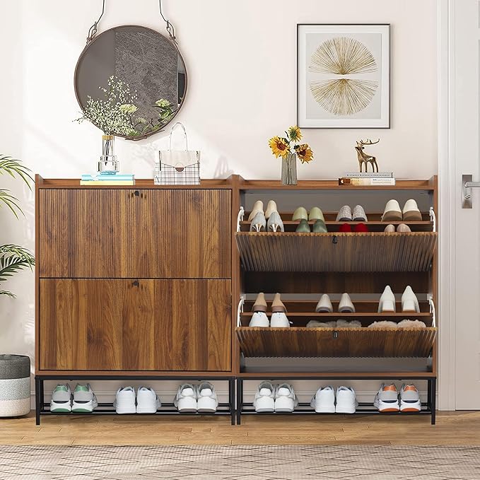 RARZOE Fluted Shoe Cabinet for Entryway with 2 Flip Drawers, Narrow Wood Shoe Cabinet with Fluted Panel, Slim Hidden Shoe Organizer Closed Shoe Rack with Metal Legs for Foyer,Hallway(31.5''Walnut)