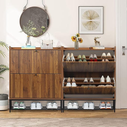 RARZOE Fluted Shoe Cabinet for Entryway with 2 Flip Drawers, Narrow Wood Shoe Cabinet with Fluted Panel, Slim Hidden Shoe Organizer Closed Shoe Rack with Metal Legs for Foyer,Hallway(31.5''Walnut)