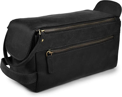 LEATHER VILLAGE Premium Leather Travel Toiletry Bag - Water-Resistant Dopp Kit for Toiletries, Large Shaving Bag & Bathroom Organizer - Gift for Men & Women - Distressed Black