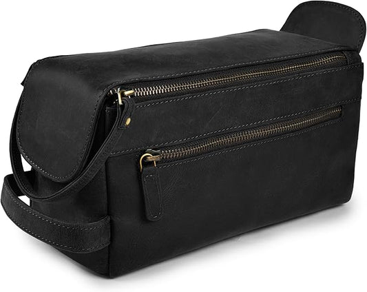 LEATHER VILLAGE Premium Leather Travel Toiletry Bag - Water-Resistant Dopp Kit for Toiletries, Large Shaving Bag & Bathroom Organizer - Gift for Men & Women - Distressed Black