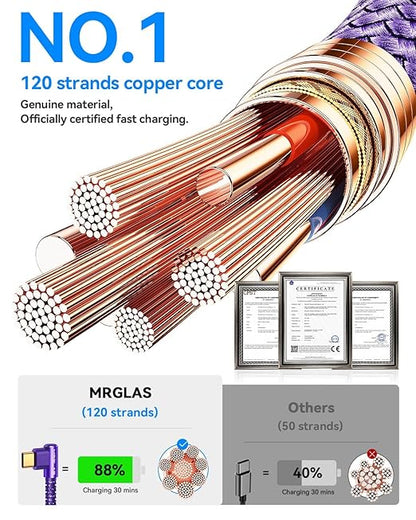 MRGLAS 3.2A USB C Charger Cable, [4-Pack,10+6.6+3.3+1.6FT] USB A to USB C Right Angle Gold-Plated Type C Charger Fast Charge Durable Braided Cord for iPhone 17 16 15 Samsung S10 Note 10 S21 LG-Purple