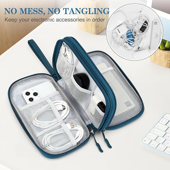 FYY Electronic Organizer, Travel Cable Organizer Bag Pouch Electronic Accessories Carry Case Portable Waterproof Double Layers Storage Bag for Cable, Cord, Charger, Phone, Earphone, Medium Size, Green