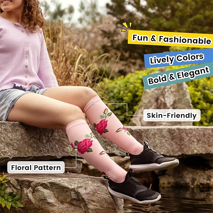 Floral Compression Socks for Women 20-30mmHg Knee High, Best for Ladies, Nurses, Pregnancy, Travel