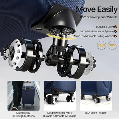 20" Luggage, Softside Suitcase with LOCK,Expandable Luggage w/Double Spinner Wheels, Lightweight Rolling Suitcases for Travel Carry On Luggage（Navy-Grey,20in）