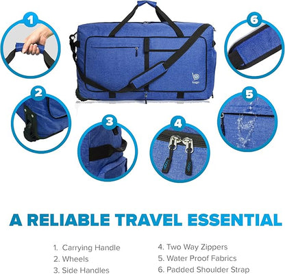 Bago Rolling Duffle Bag with Wheels - 30" 100L Foldable Weekender Bag, Waterproof Travel Duffel Bags, Heavy Duty Lightweight Duffle Bags for Traveling, Rolling Duffels with Wheels (SnowDepBlue)