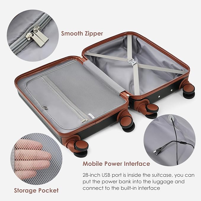 Luggage Sets 3 Piece, Hardside Suitcase with Front Pocket Cup Holder and TSA Lock
