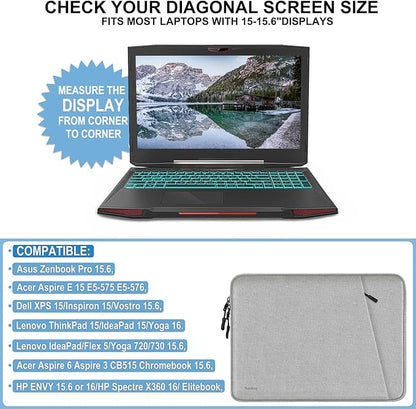 Laptop Sleeve, Shockproof Protective Computer Sleeve Cover with Accessories Pocket, Water Resistant Traveling Carrying 15.6 inch Laptop Bag Compatible for MacBook Dell HP Acer Lenovo, Gray