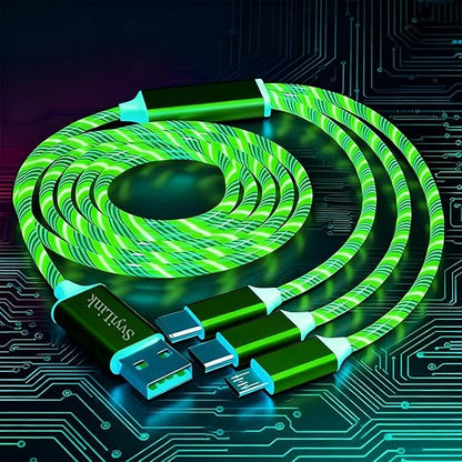 USB Cable PD Fast Charger Lighted Up (USB 3IN1 Green),Phone Data Cable, Flowing Light Charging Cable, 39-inch, TPE Material, Compatible with Almost All Phones, Tablets, and Headphones.