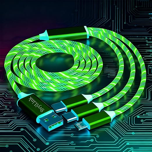 USB Cable PD Fast Charger Lighted Up (USB 3IN1 Green),Phone Data Cable, Flowing Light Charging Cable, 39-inch, TPE Material, Compatible with Almost All Phones, Tablets, and Headphones.