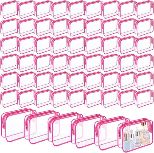 Cunno 60 Pcs Clear Toiletry Bag TSA Approved Cosmetic Bag Bulk Makeup Bag Travel Carry Airport Airline Compliant Bag for Women Men Summer Vacation Salon Mother Gift(Rose Pink)