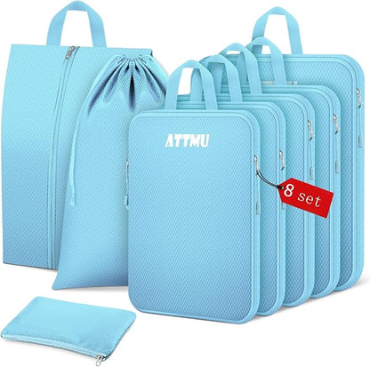 8 Set Compression Packing Cubes for Travel, Expandable Compression Cubes for Suitcases, Lightweight Suitcase Organizer with Shoes & Laundry Bags, Travel Accessories for Men Women