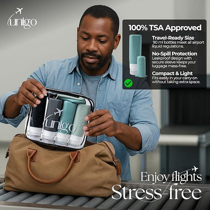 unigo Travel Bottles For Toiletries, 3 oz TSA Approved Containers, Travel Size Toiletries, Shampoo and Conditioner Bottles, Leak Proof and Refillable Bottles, BPA Free, Extra Bottle Covers (Gray)