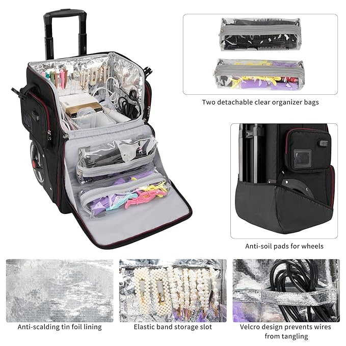Large Makeup Train Case with a Large Makeup Travel Bag for Hairstylist, Hairdresser Bag with Detachable Pouch,Heat Insulation and Anti-scalding Full layer for Hairdressing Tool Organizer, Big wheels