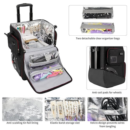 Large Makeup Train Case with Makeup Travel Bag and 4 Clear Makeup Bags for Hairstylist, Hairdresser Bag with Detachable Pouch,Heat Insulation Anti-scalding for Hairdressing Organizer Big wheels
