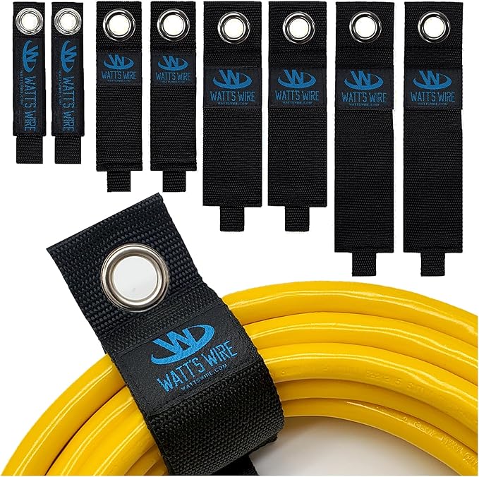 Heavy Duty Storage Straps - 8 Pack: 2 Small, 2 Medium, 2 Large, 2 XL - Extension Cord Ties - Storage Strap - by Watt's Wire