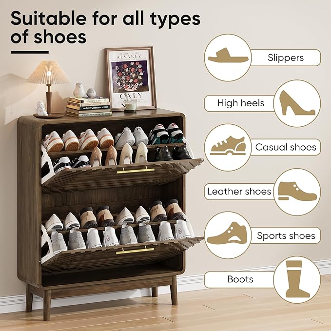 Spaco Walnut Shoe Cabinet for Entryway,Narrow Shoe Storage Cabinet with 2 Flip Drawers,Slim Shoe Rack Organizer for Hallway