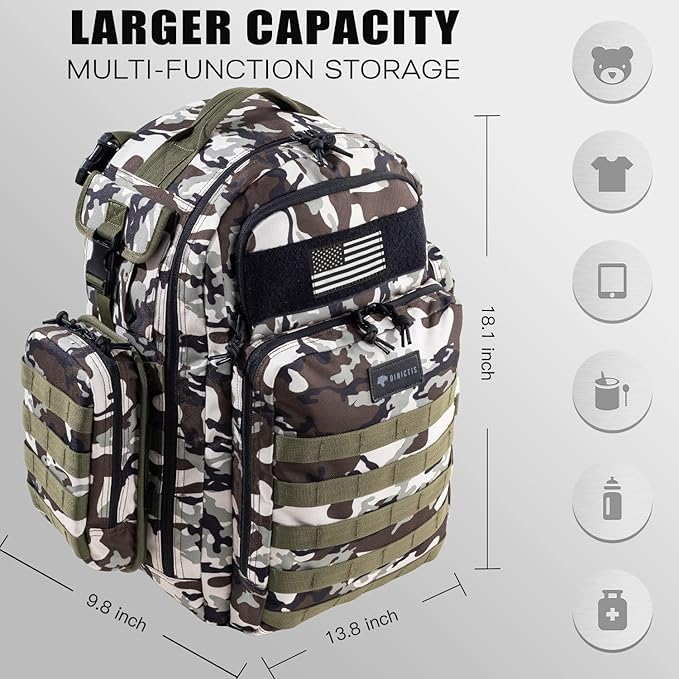 Dinictis Dad Diaper Bag, Mens Diaper Bag Backpack with Diaper Changing Mat, Military Diaper Backpack with Molle Webbing, Waterproof Pouch, Baby Wipes pocket, Insulated Bottle Pockets- Camo
