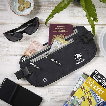 VENTURE 4TH Money Belt for Travel – Hidden Under-Clothes RFID Blocking Passport Holder & Slim Travel Wallet Pouch for Men & Women to Protect Cash, Cards & Documents (Black)