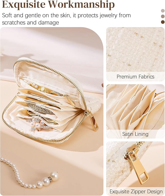 Women Travel Jewelry Case: Soft Bag with 5 Pouches for Ring Earring Necklace - Christmas and Birthday Gifts Choice (White)