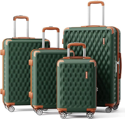 Melalenia Luggage Sets 4 Piece Hard Shell Carry on Suitcase with Spinner Wheels and TSA Lock, Lightweight Travel Duffel Bag for Women, Men, Green Brown