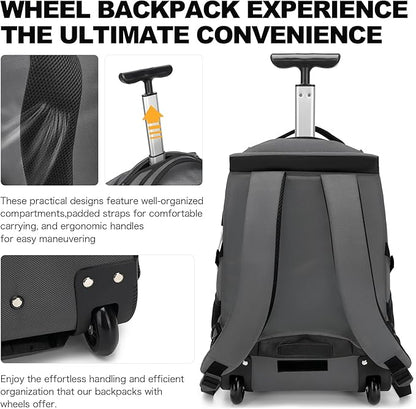 Boavan Rolling Backpack,17 inch Water Resistant Wheeled Backpack,Carry on Luggage Business Bag, Overnight College Computer bag Trolley Suitcase for Men Women Adults to Travel，Grey