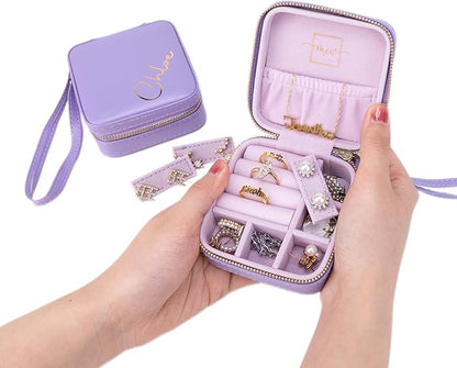 Angelina's Palace Personalized Jewelry Case with Name Engraved,Custom Leather Travel Jewelry Organizer Box for Rings,Earrings,Necklaces,Birthday Bridesmaid Gift For Women