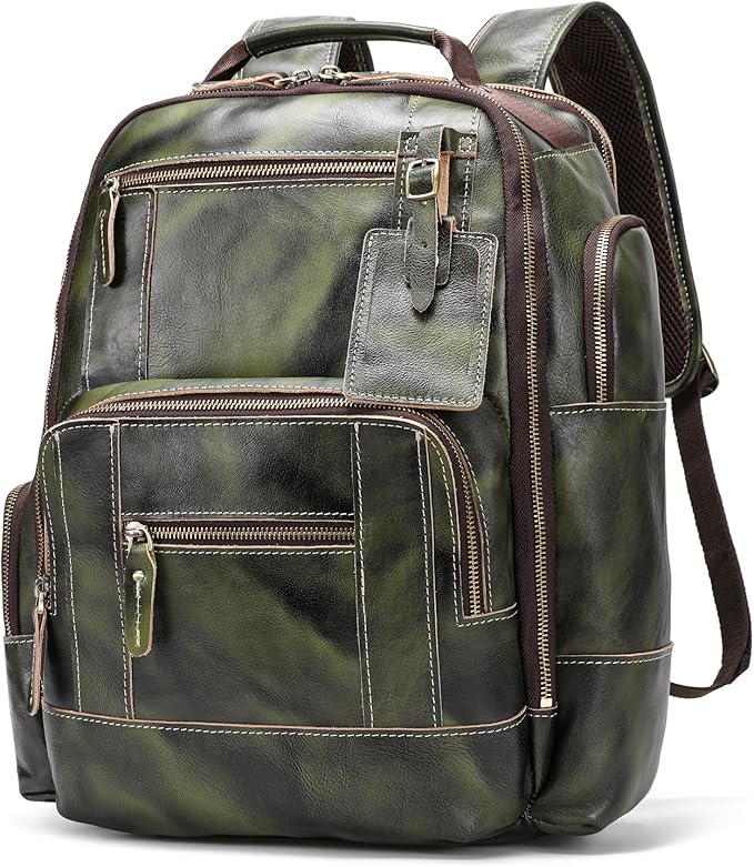 LANNSYNE Vegetable Tanned Leather Backpack for Men, 15.6" Laptop Backpack Camping Travel 24L Rucksack