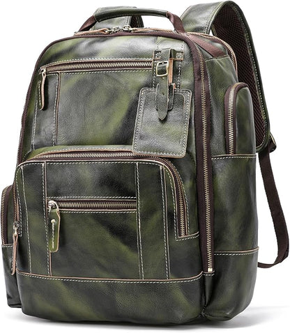 LANNSYNE Vegetable Tanned Leather Backpack for Men, 15.6" Laptop Backpack Camping Travel 24L Rucksack
