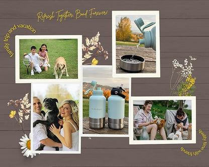 32oz Stainless Steel Dog Water Bottle, 3 in 1 Double-Walled Insulated, with 2 Bowls & 2 Different Leak-Proof Lids, Portable Travel Water Bottle for Pet & Humans, BPA-Free, Ideal for Walking & Outdoor