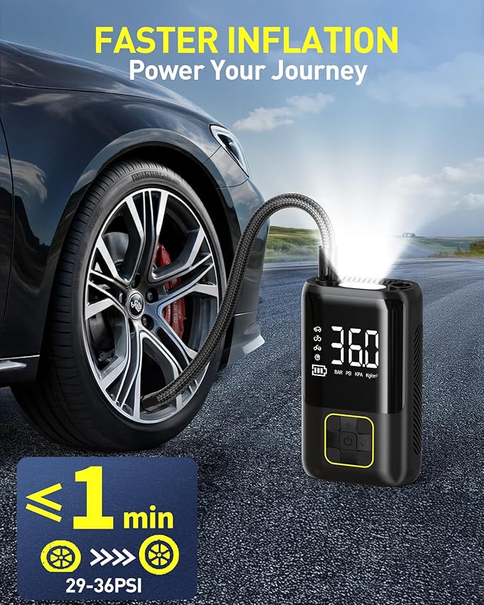 Tire Inflator Portable Air Compressor, 150 PSI Cordless Air Pump for Car Tires with Auto Shut-Off, LED Light and Digital Pressure Gauge, Electric Bike Tire Pump for Cars, Bike, Motorcycle, Ball