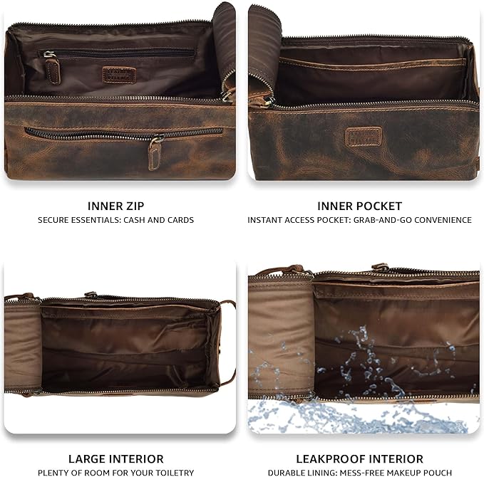 LEATHER VILLAGE Premium Leather Travel Toiletry Bag - Water-Resistant Dopp Kit for Toiletries, Large Shaving Bag & Bathroom Organizer - Gift for Men & Women - Rustic Brown