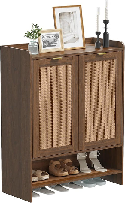 EROMMY Rattan Shoe Storage Cabinet with Doors- 5 Tier Farmhouse Boho, Tall Wooden Storage Rack with 3 Adjustable Shelves, Shoes Rack Organizer Cabinet for Entryway Hallway Closet