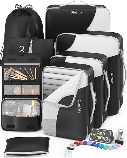8 Set Packing Cubes for Travel, Gifts for Men,Anti-Tearing Suitcase Organizer for Luggage with Shoe & Hanging Toiletry Bag, OlarHike Vacation Accessories for Cruise, Travel Essentials for Men, Black
