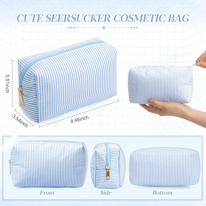 Sanwuta 6 Pcs Seersucker Cosmetic Bags Bulk Seersucker Makeup Bags Stripe Women Pouch Large Preppy Storage Pouch Toiletry Travel Organizer for Wedding Bridesmaid Bride Favor Mom Gift (Blue)