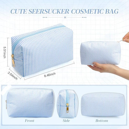 Sanwuta 6 Pcs Seersucker Cosmetic Bags Bulk Seersucker Makeup Bags Stripe Women Pouch Large Preppy Storage Pouch Toiletry Travel Organizer for Wedding Bridesmaid Bride Favor Mom Gift (Blue)