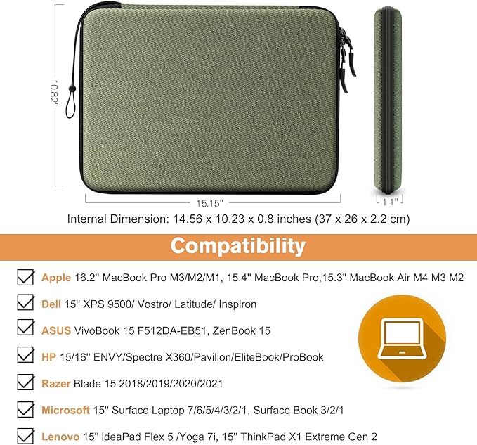 FINPAC Hard Laptop Sleeve Case for 15.3 inch MacBook Air M4 A3241 M3 A3114 M2 A2941 2025 2024, 16.2 inch MacBook Pro M4/M3/M2/M1 Pro/Max, Waterproof Case for Surface Laptop/Book, Olive