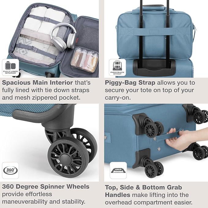 U.S. Traveler Rio Lightweight Softside Rolling Carry-on Suitcase, 4-Wheel Set, Light Blue