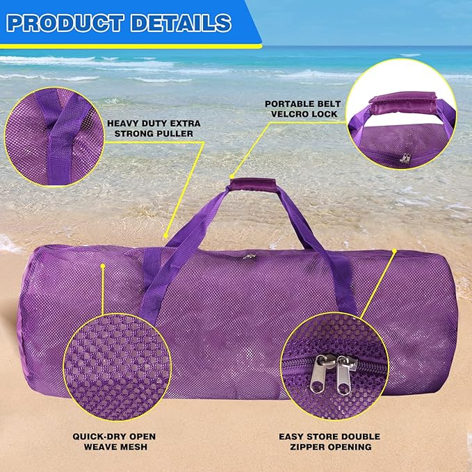 Purple Heavy-Duty Large Mesh Sports Duffle Bag, Dry Bag, Diving Equipment Scuba Bag with Zipper. Great for Gym Workout, Sport Balls Storage, Scuba Gear, Snorkeling, Water Sports and Travel