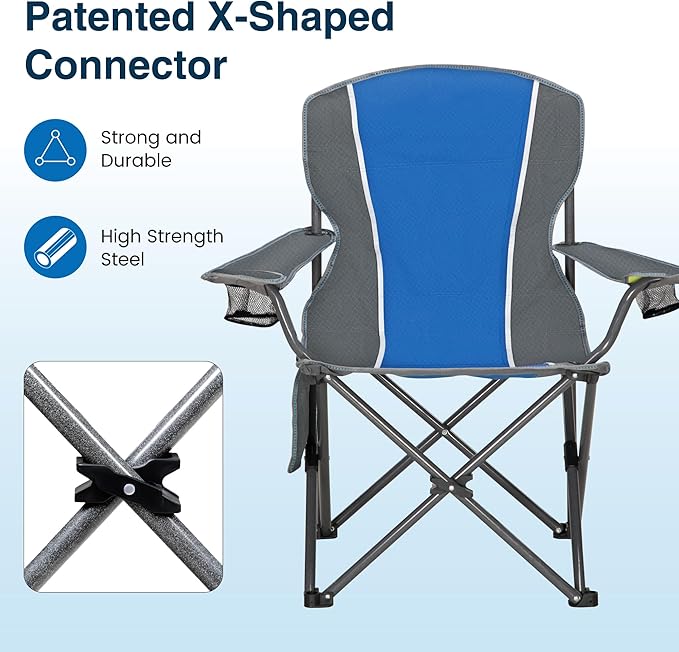 HIGH POINT SPORTS Portable Camping Chair, Heavy Duty Outdoor Folding Chair with Armrest, Foldable Camp Chair with Cup Holder, Portable Lawn Chair for Adults Support 350 LBS, Blue-Gray