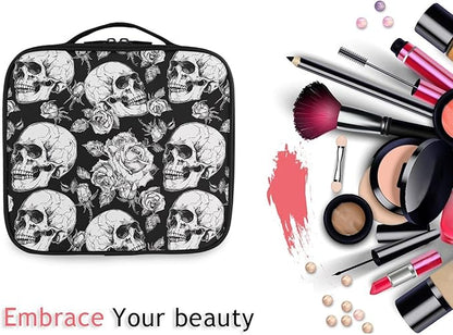 MNSRUU Travel Makeup Bag, Gothic Skulls and Flowers Women Makeup Case Organizer Cosmetic Toiletry Bag for Teenage Girl with Adjustable Dividers