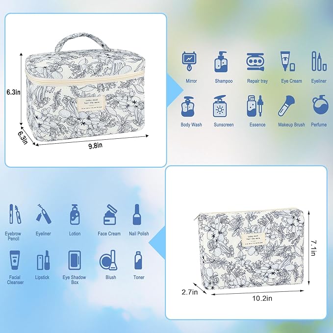 2Pcs Cotton Quilted Makeup Bag for Women Girls Floral Travel Large Small Cosmetic Bag Set Cute Vintage Flower Makeup Pouch Portable Toiletry Bag Organizer Coquette Aesthetic Makeup Brush Bag