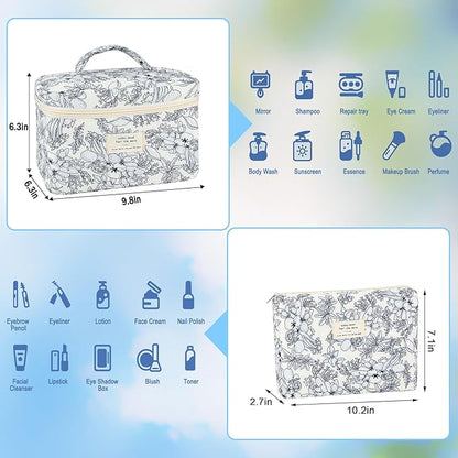 2Pcs Cotton Quilted Makeup Bag for Women Girls Floral Travel Large Small Cosmetic Bag Set Cute Vintage Flower Makeup Pouch Portable Toiletry Bag Organizer Coquette Aesthetic Makeup Brush Bag