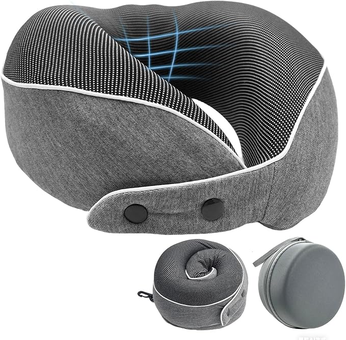 Memory Foam Travel Neck Pillow - with Portable Storage Case, 360° Ergonomic Support for Airplanes & Office, Compact & Portable (Grey)