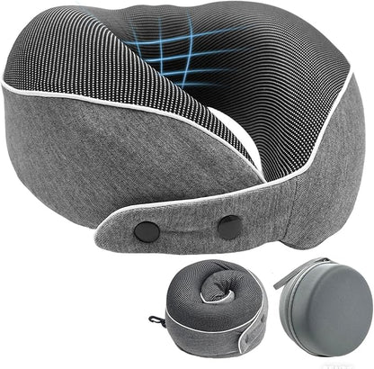 Memory Foam Travel Neck Pillow - with Portable Storage Case, 360° Ergonomic Support for Airplanes & Office, Compact & Portable (Grey)